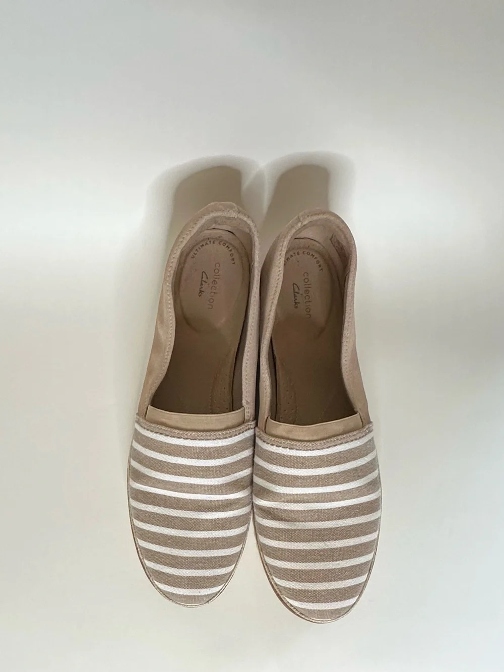 Size 11 Clarks Beige and White Striped Slip-On Flats